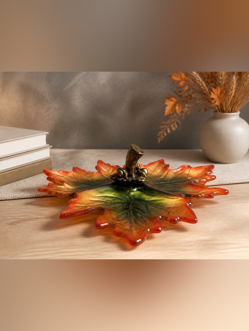 Brass Handled Maple Leaf Glass candy Dish Autumn Decor